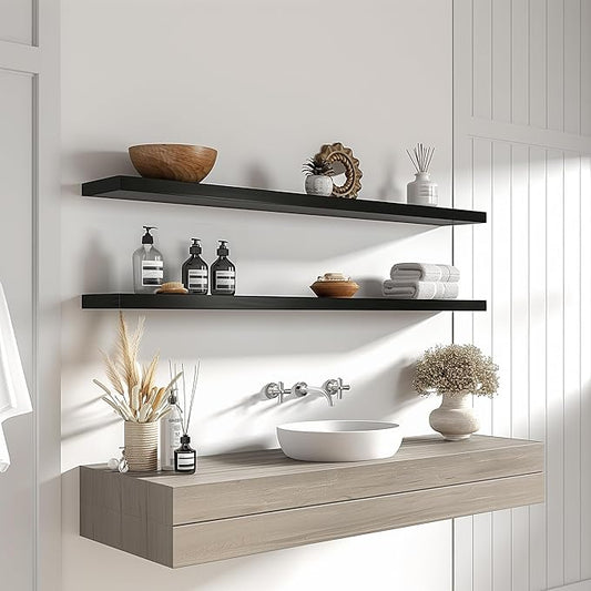 PHPH 48 Inch Wood Floating Shelves for Wall, Wooden Wall Shelves for Bedroom, Set of 4 Black
