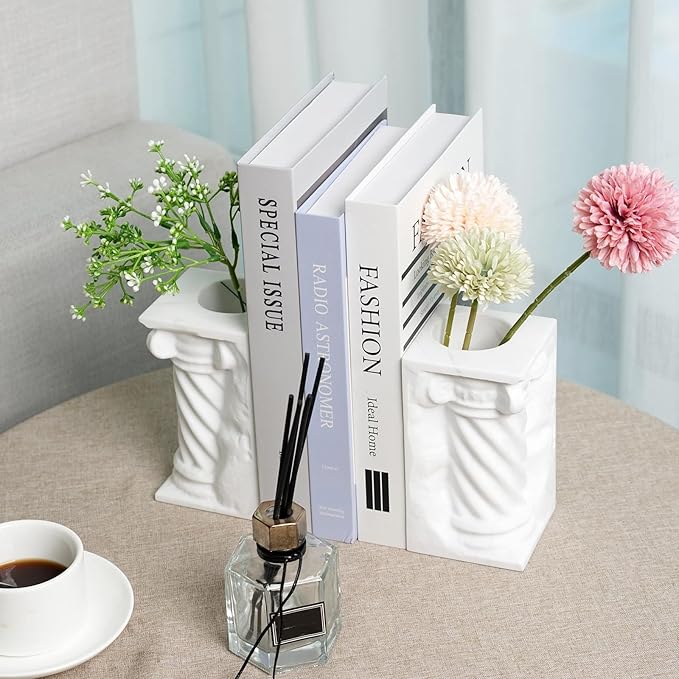 Decorative Roman Column Book Ends & Vase - Heavy Duty Marble Book Ends for Heavy Books, Vintage Home Office Decor, Dual Use as Flower Vase, Natural Stone Bookends for Shelves (2PC, White)