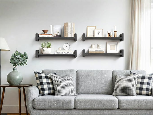 Vailando Floating Shelves for Wall, Set of 3 Solid Wood Wall Mounted Shelves, 16" Black Display Shelf for Bedroom, Living Room, Bathroom, and Kitchen Decor - Heavy-Duty & Natural Pine