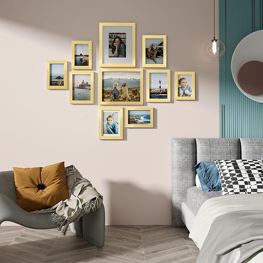 Vittanly Picture Frames Set of 10, Picture Frames Collage Wall Decor with Two 8x10, Four 5x7, and Four 4x6 Photo Frames, Gallery Wall Frame Set for Wall or Tabletop Display, Gold