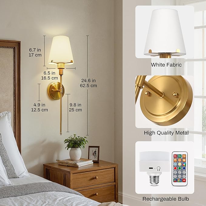 DORESshop Gold Battery Operated Wall Sconce Set of Two, Rechargeable Wall Sconce with Remote, 15 Colors, Wireless Sconces Set of 2 for Bedroom Living Room, 24.6in, Includes Daily & 3 Shade