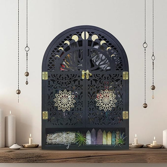 Large Crystal Display Shelf for Wall, Crescent Moon Phase Shelf Wall Decor, Wooden Arch Shelf, Tree of Life Crystal Holder Organizer, Cabinet for Gem Stone Rock, Spiritual Home Room Decor
