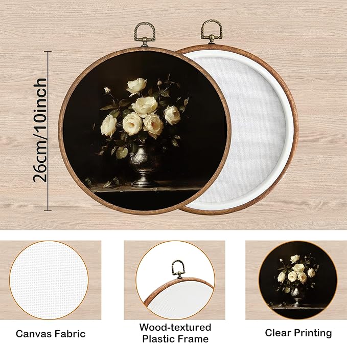 KSDUT Retro Aesthetic White Floral Wall Art Decor - Dark Botanical Neutral Mid Century Modern Wall Art Canvas Frame Hanging Prints, Vintage Landscape Round Wall Art Decor for Home Decorations 10"x10"