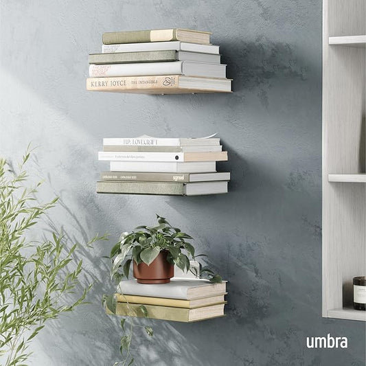 Umbra Conceal, Sturdy Metal Floating Bookshelf for Wall, Silver, Large, Set of 3