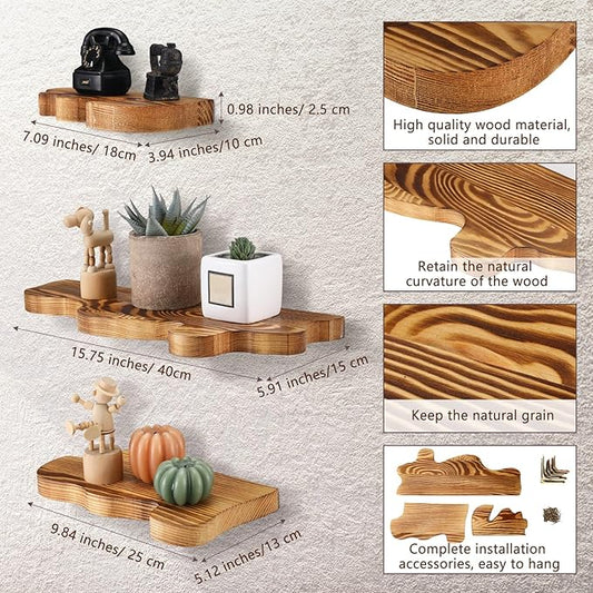 Suzile Set of 3 Small Rustic Wave Edge Floating Shelf 3 Size Live Edge Wooden Shelf with Metal Bracket Wall Mounted Display Ledge Shelves Farmhouse Vintage Wall Decor for Living Room Bedroom (Brown)