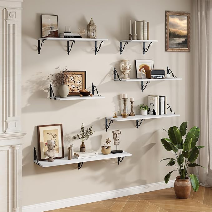 RICHFOCUS 12 Inch Deep Floating Shelves for Wall, 16" W x 12" D Wood Wall Shelves Set of 2, Wide Floating Shelves for Living Room, Bedroom, Kitchen, Bathroom and Decor Storage, White