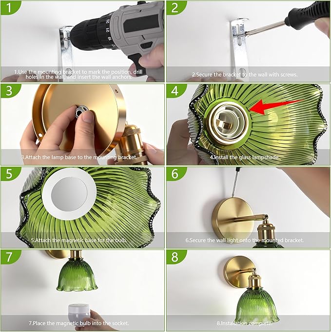 Vintage Battery Operated Wall Sconce with Green Crystal Grid Glass Lampshade Rechargeable Battery Powered Wall Light with Remote Control for Bedside Bedroom Bathroom, Set of 2