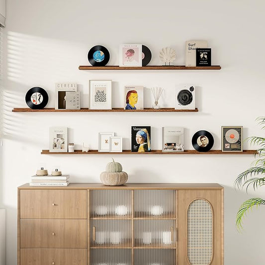 Fun Memories Picture Ledge Shelf, 60 Inch Floating Shelves Set of 2, Large Book Shelves for Toys Storage, Kids Bookshelf Wall Mounted for Wall Decor Books Photo Frames, Rustic Brown