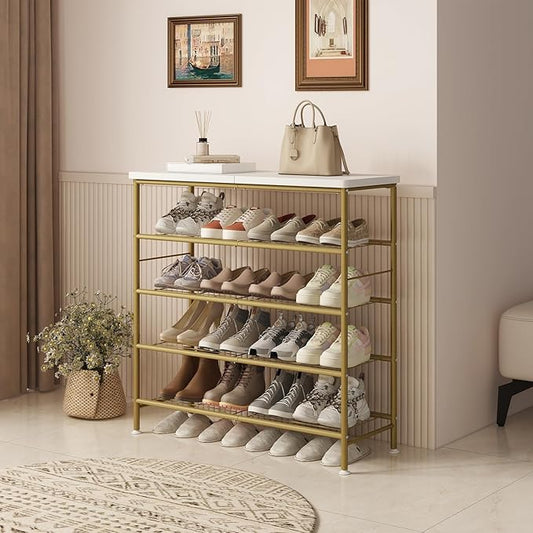 SUOERNUO Shoe Rack Organizer 5 Tier for Closet Entryway Free Standing Metal Storage Shoe Shelf with MDF Top Board,Gold
