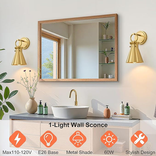 Gold Wall Sconce for Bathroom, Modern Vanity Light Fixtures, Wall Mount Lighting Farmhouse Wall Lights with 6 Inch Metal Lampshade for Bedroom Living Room Mirror Kitchen (Gold Metal, 1 Pack)