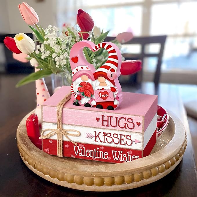 Geelin 4 Pcs Valentine Decorations Valentine Tiered Tray Decoration Wooden Gnome Book Stack Signs Ornament Vintage Table Decoration for Home Office Table Shelf Centerpiece Farmhouse Decorations