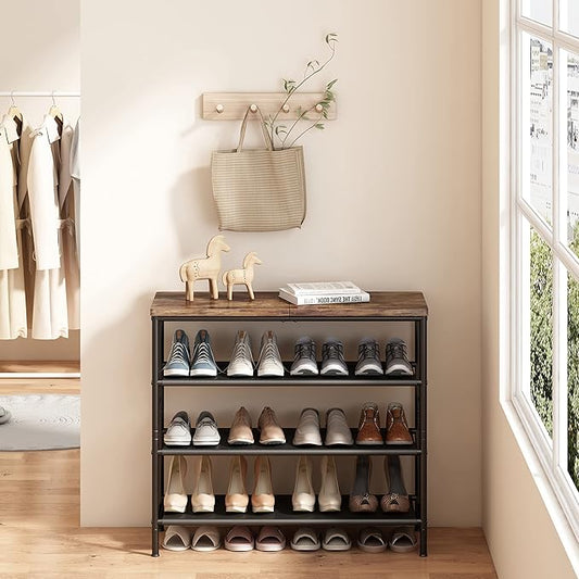 Shoe Rack Organizer 4 Tier Metal Organizer Shelf with Industrial MDF Board and Layer Fabric for Entryway Closet Bedroom Living Room Garage,Black & Rustic Brown (Black+Rustic Brown, 4 Tier)