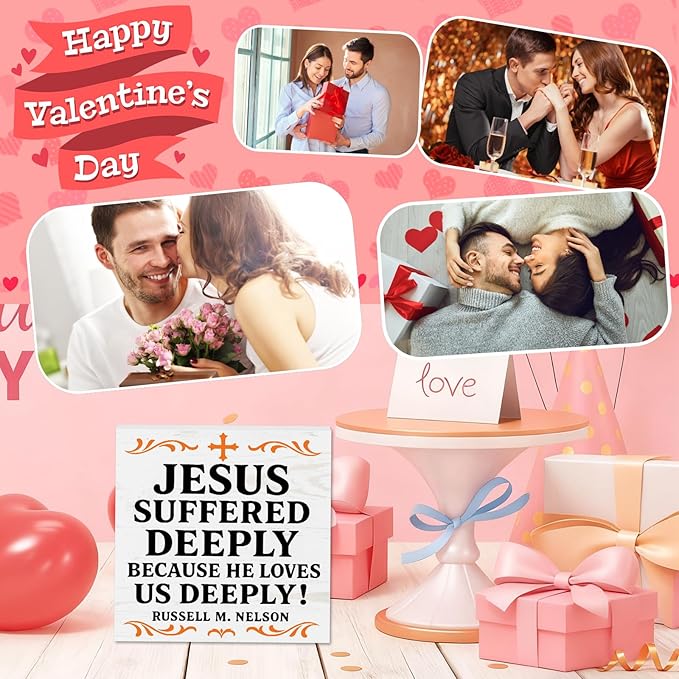 Valentines Desk Decor, Valentine's Day Home Office Table Sign for Wife Daughter from Dad Husband, Valentine Gifts Decorations for Porch Tiered Tray Shelf Party, Jesus Loves Us