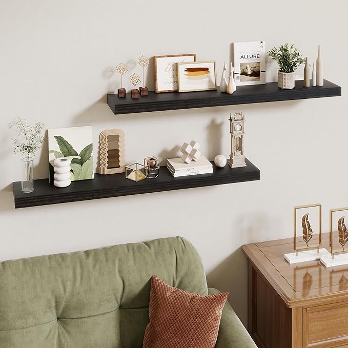 40 Inch Floating Shelves | 6.5 Inch Deep Black Floating Shelves Set of 2 | 40" W x 6.5" D Rustic Black Wood Wall Shelves with Invisible Brackets for Bathroom Living Room Bedroom