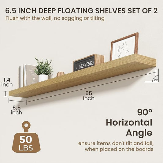 55 Inch Floating Shelves | 6.5 Inch Deep Oak Floating Shelves Set of 2 | 55" W x 6.5" D Rustic Oak Shelves with Invisible Brackets for Bathroom Living Room Bedroom