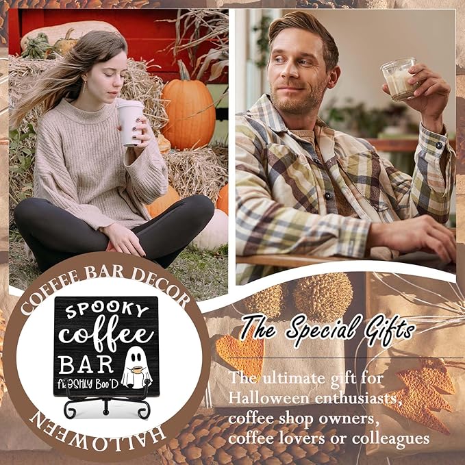 Halloween Coffee Bar Decor, Freshly Booed Wooden Coffee Signs for Home Office Desk Shelf, Spooky Ghost Tabletop Centerpieces for Kitchen Accessories - A07