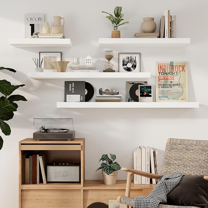 Fun Memories Floating Shelves, 9.3'' Deep Solid Pine Wood Wall Shelves for Storage, Wall Mounted Display Shelf with Invisible Heavy-Duty Metal Bracket, 24'' Width Set of 2, White