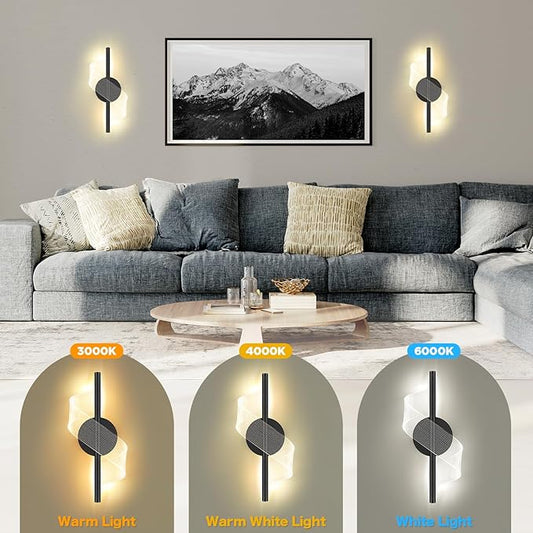 Modern LED Wall Sconce - 12" Height Spiral Wall Lamp with Acrylic Shade - 3000K 4000K 6000K Indoor Hardwired Wall Fixture for Bedroom Living Room Hallway Corridor (Black 1pack)
