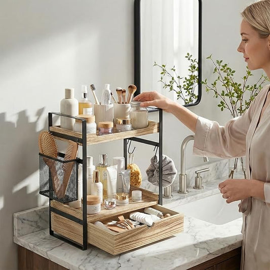 Coffee Station Organizer Countertop, Wooden Coffee Bar Accessories Organizer with Basket, 2 Mug Holder Hooks and Pod Drawer, Multifunctional 2 Tier Countertop Organizer for Kitchen, Bathroom, Office