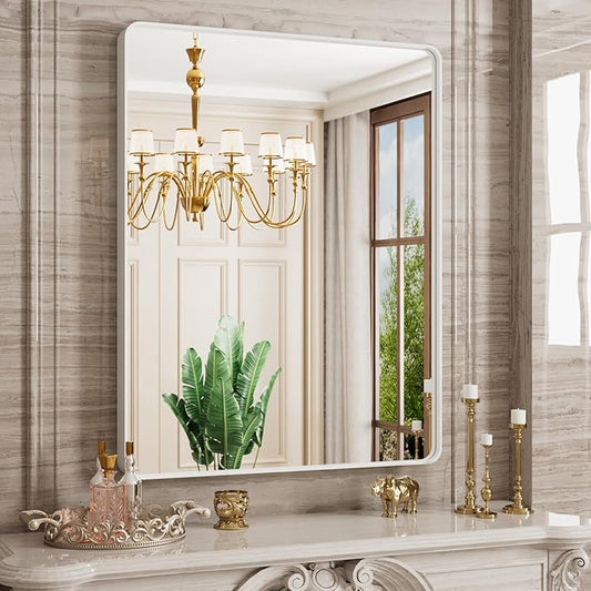 White Bathroom Mirror 28x36 Inch, White Metal Framed Bathroom Mirror for Wall, Rounded Rectangle Matte Bathroom Vanity Mirror, Tempered Glass, Anti-Rust, Horizontal/Vertical