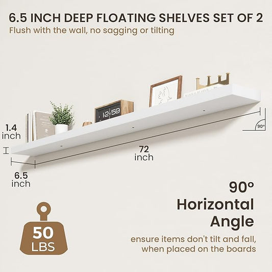72 Inch Floating Shelves | 6.5 Inch Deep White Floating Shelves Set of 2 | 72" W x 6.5" D Rustic White Wood Wall Shelves with Invisible Brackets for Bathroom Living Room Bedroom