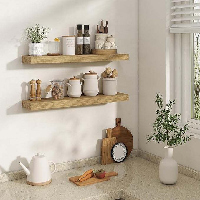 30 Inch Floating Shelves | 6.5 Inch Deep Oak Floating Shelves Set of 2 | 30" W x 6.5" D Rustic Oak Shelves with Invisible Brackets for Bathroom Living Room Bedroom