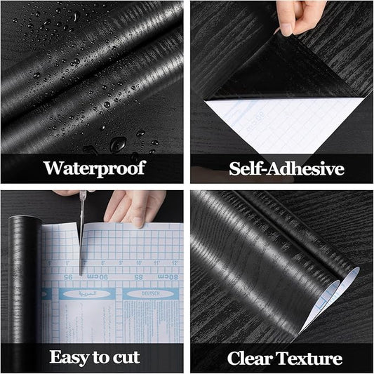 COSNIGHT Black Peel and Stick Wallpaper, Wood Grain Contact Paper Self Adhesive 15.7'' x 393'' Vinyl Wrap, Removable Wall Paper for Kitchen Countertop, Cabinet, Drawer, Shelf Liner