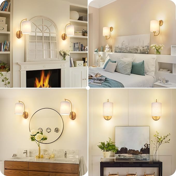 Battery Operated Wall Sconce Set of 2, Gold Rechargeable Dimmable Wall Light Fixture Remote, 12 RGB Colors & Timer, Wireless Lamp Linen Shade