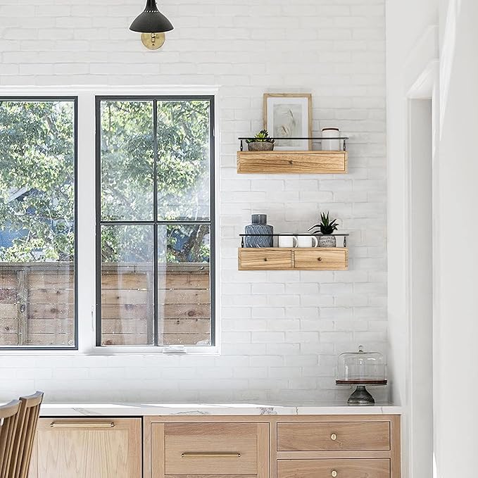Floating Shelves - Wall Mounted Bathroom Shelf Set of 2 with Drawers, Rustic Wood Shelves for Bedroom, Living Room, Kitchen, Wall Decor, Plants, Books (Brown)