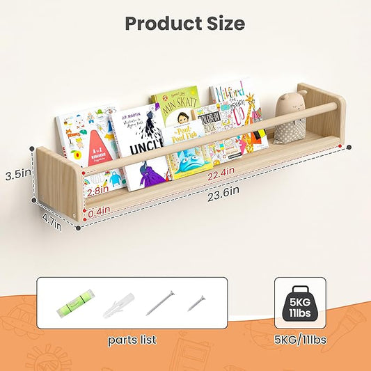upsimples 2 Pack Nursery Book Shelves, 23.6 Inch Floating Bookshelves for Wall, Baby Nursery Decor, Small Solid Wood Wall Mounted Shelves for Baby Kids Boys Girls, Natural