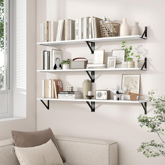 Axeman 55 Inch Floating Shelves | 8 Inch Deep White Wall Shelves Set of 2 | 55" W x 8" D Rustic White Wood Shelves for Bathroom Kitchen Living Room