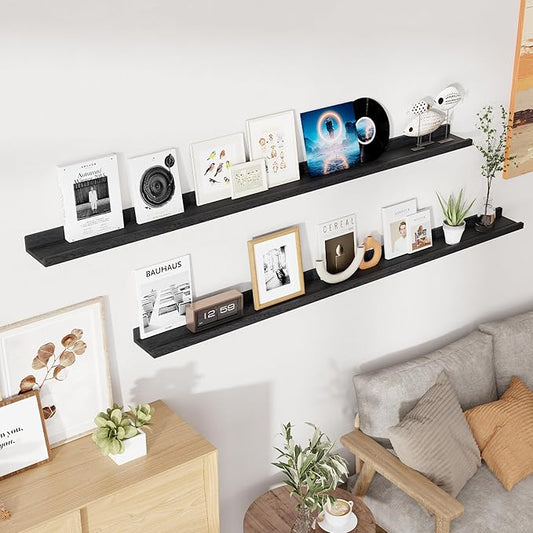 RICHFOCUS Floating Shelves for Wall, 72 inch Solid Wood Picture Ledge Shelf for Wall Storage, Nursery Book Shelves with Lip for Living Room Bathroom Bedroom Kitchen, Set of 2, Distressed Black