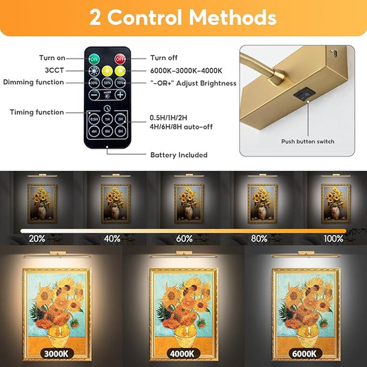 Picture Light for Wall Battery Operated, 16" Rechargeable Art Light with Remote and Timer for Painting, 3 Color Temps, Wireless Wall Light for Display, Artwork, Portrait, Gallery, Gold