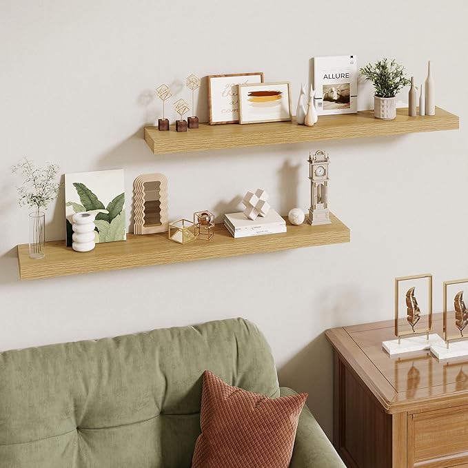 40 Inch Floating Shelves | 6.5 Inch Deep Oak Floating Shelves Set of 2 | 40" W x 6.5" D Rustic Oak Shelves with Invisible Brackets for Bathroom Living Room Bedroom