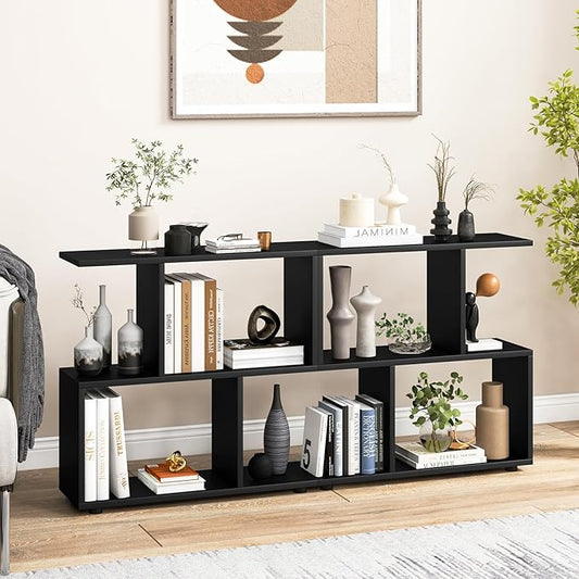 Giantex 3-Tier Geometric Bookshelf Set of 2, 24" Tall Wood S-Shaped Display Shelves with Thick Foot Pads, Freestanding Open Shelves Nightstand, Floor Standing Display Shelf Bookcase, Black