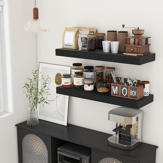 Deep Floating Shelves | 36 Inch Black Floating Shelves Set of 2 | 12 Inch Deep Rustic Wood Shelves for Wall | 36" W x 12" D Black Shelves for Living Room Bathroom Laundry Room Kitchen