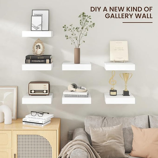 Square Floating Shelves for Wall, 12" W x 12" D x 2" H, 2 Pack of Small Wall Mounted Engineered Wood Shelves with Invisible Brackets for Living Room, Bedroom, Bathroom, Kitchen Decor, White