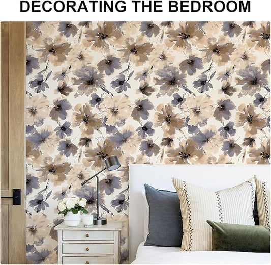 Floral Peel and Stick Wallpaper, Purple Watercolor Flower Contact Paper Peel and Stick for Bedroom Bathroom, Brown Vintage Removable Waterproof Self Adhesive Wall Paper 393"X17.3"(48.5 sq.ft)