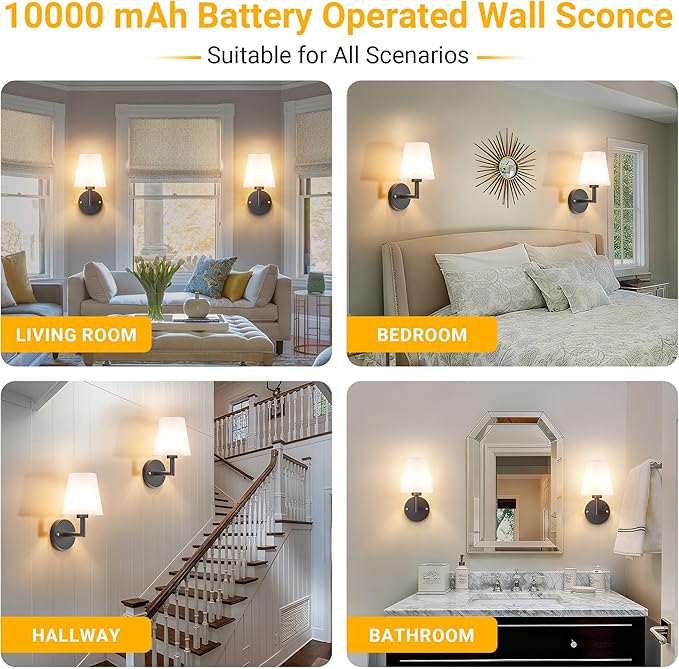 Peel and Stick Wall Sconces, Stick On Wall Sconce Set of 2, Battery Operated Wireless Wall Light, No Drill Adhesive Wall Lamp, Corn Bulb with 10000mAh Rechargeable Battery, Bedroom Wall Decor