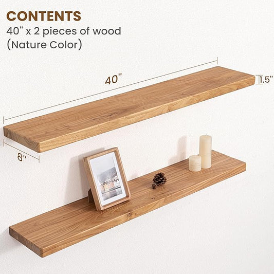 Floating Shelves for Wall, 40"Wx8"D Rustic Solid Elm Wood Floating Shelves Wall Mounted, Round Edge Wall Shelves with Invisible Bracket for Living Room Bathroom Bedroom Kitchen, Set of 2, Natural