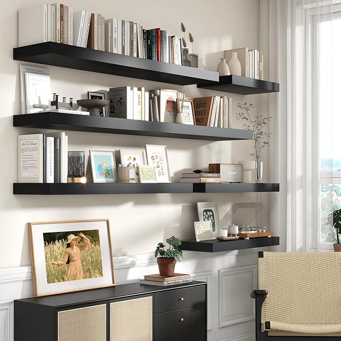 72 Inch Black Floating Shelf | 12 Inch Deep Floating Shelves Set of 1 | 72" D x 12" D Rustic Wood Shelves for Wall | Deep Black Shelves for Living Room Bathroom Laundry Room Kitchen