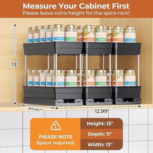 Pull Out Spice Rack Organizer for Cabinet, Slide Out Spice Racks Organizer, Easy to Install Spice Cabinet Organizers, 4.33''Wx10.62''Dx8.66''H, 3 Packs -2 Tiers (Black)