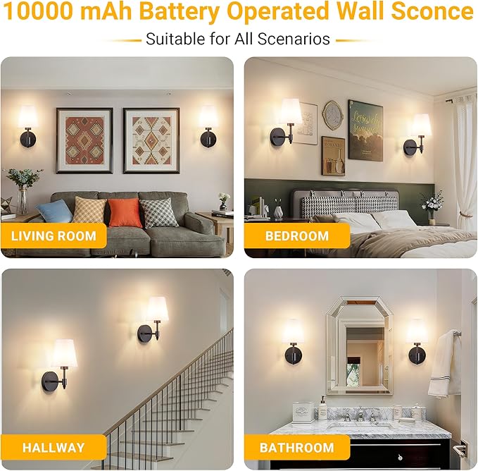 Peel and Stick Wall Sconces, Stick On Wall Sconce Set of 2, Battery Operated Wireless Wall Light, No Drill Adhesive Wall Lamp, Corn Bulb with 10000mAh Rechargeable Battery, Bedroom Wall Decor
