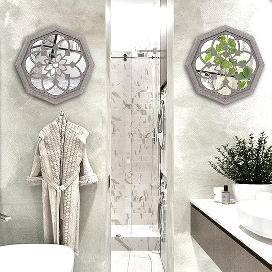 2 PCS Octagon Wall-Mounted Mirrors,Vintage Farmhouse Mirror for Wall Decor,Barn Wood Color Decorative Accent Mirror for Foyer, Bathroom, Bedroom. (12”x12”)