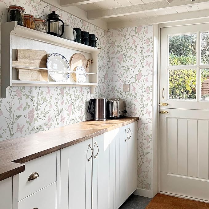 Floral Wallpaper Pink/Green Wallpaper Vintage Peel and Stick Wall Paper Boho Botanical Contact Paper for Cabinets Bird Butterfly Renter Friendly Self-Adhesive Bathroom Bedroom 393"×17.3"