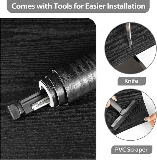 Black Wood Peel and Stick Paper with Tools 11.8" X 197" Decorative Self-Adhesive Contact Paper for Furniture Surfaces Easy to Clean Thickening Upgrade Increase Stomata and Reduces Bubble Generation