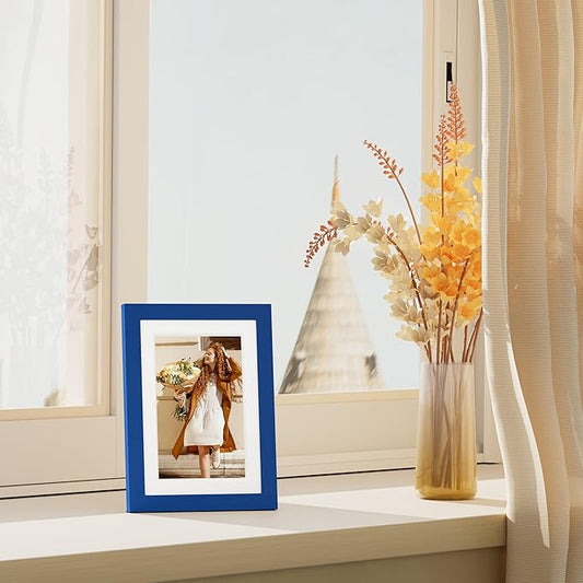 Vittanly 5x7 Picture Frames Set of 4, Display Pictures 4x6 with Mat or 5x7 without Mat, Small Photo Frames for Wall or Tabletop Display, Engineered Wood with Shatter Resistant Plexiglass, Royal Blue