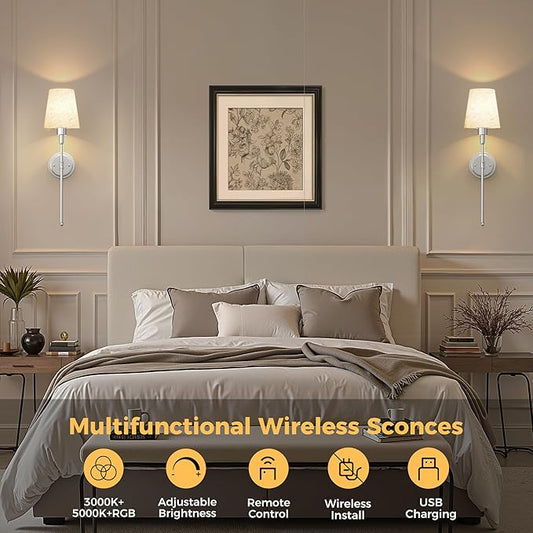 DORESshop Battery Operated Wall Sconce Set of 2, 7 Color Wireless Wall Light Easy to Install, Sconce Wall Decor Set of 2 for Bedroom, Living Room, Fabric Linen Shade, Chrome, 24.6in