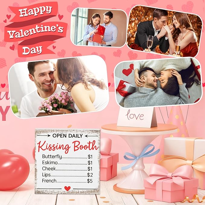 Valentines Desk Decor, Valentine's Day Home Office Table Sign for Wife Daughter from Dad Husband, Valentine Gifts Decorations for Porch Tiered Tray Shelf Party, Open Daily Kissing Booth