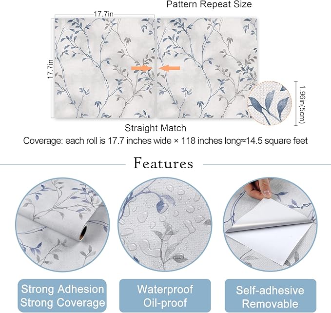 VaryStyle 17.7"x118" Grey Blue Tree Branches Wallpaper Peel and Stick Wallpaper Tree Twigs Leaf Mural Grasscloth Wallpaper Self Adhesive Removable Leaves Contact Paper for Cabinets Bedroom Bathroom